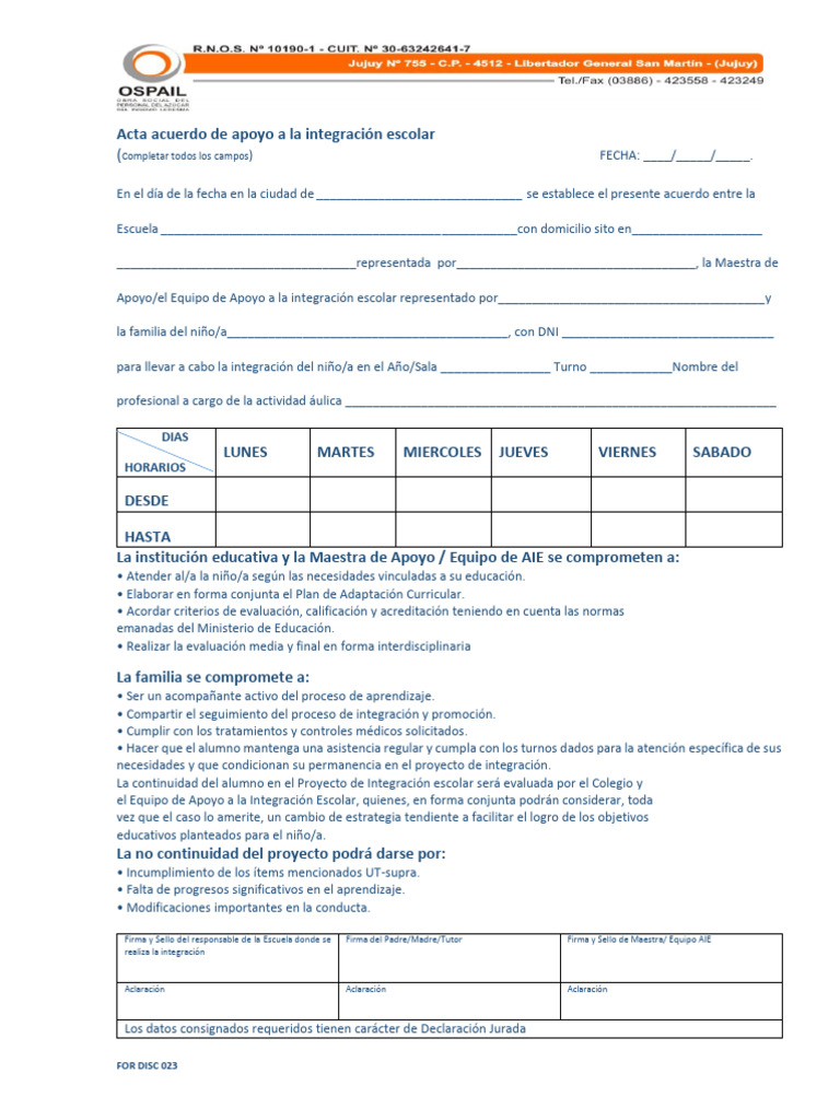 23-Acta Acuerdo de Apoyo A La Integracion Escolar For Disc 023 | PDF ...