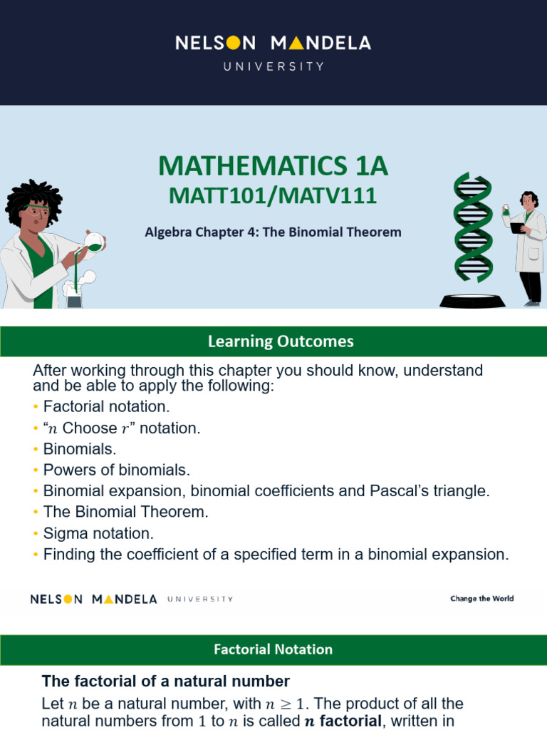 MATT101 - Algebra CH 4 - The Binomial Theorem | PDF | Algebra | Mathematics