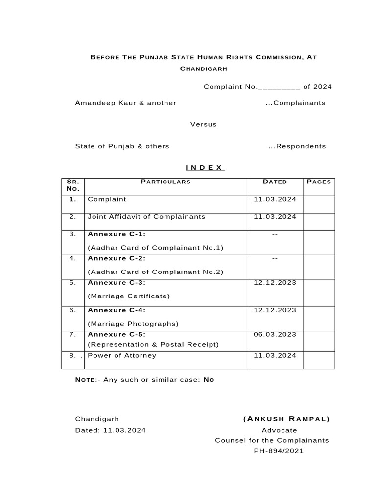 Punjab Human Rights Complaint 2024 | PDF | Intimidation | Affidavit