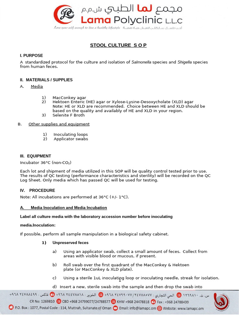 Stool Culture SOP for Salmonella & Shigella | PDF | Microbiology