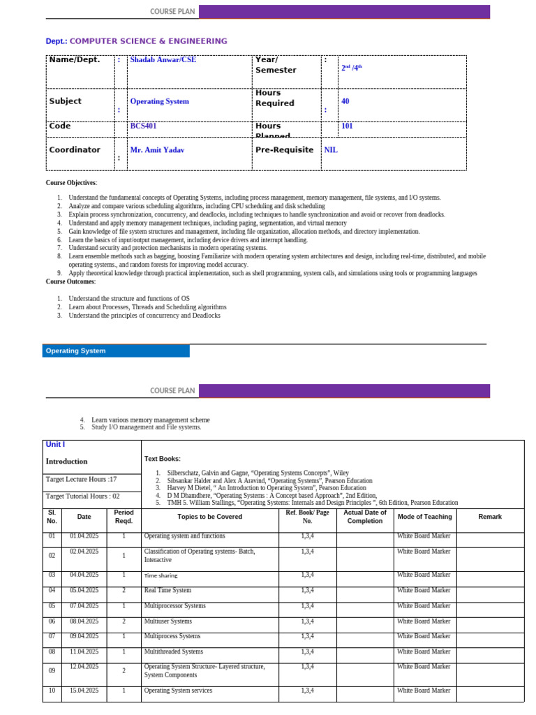 Course Plan OS 21-22 | PDF | Operating System | Process (Computing)