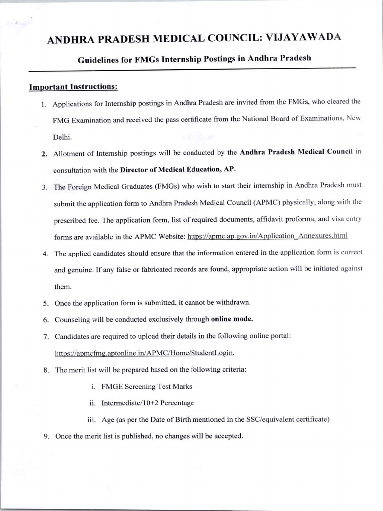 Guidelines For Fmgs Internship Postings In Ap Pdf