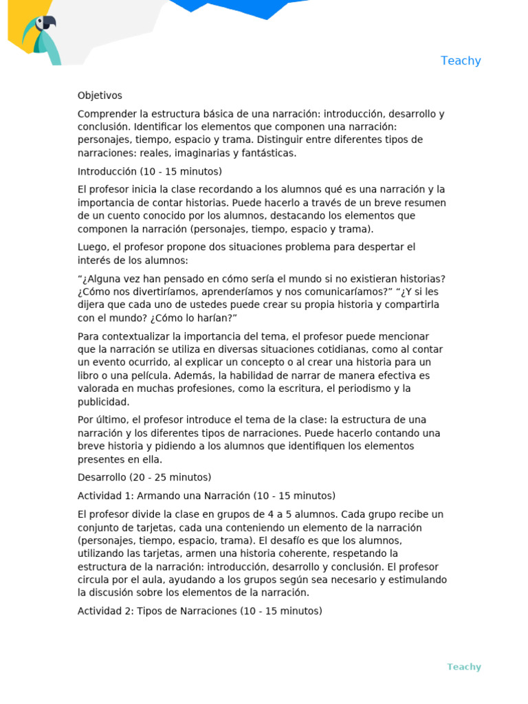 Generador de Plan de Clase - 24-1-2025 | PDF | Narración | Maestros