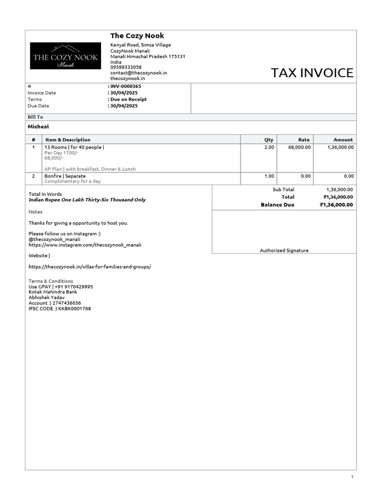 Cozy Nook Invoice for Group Stay | PDF