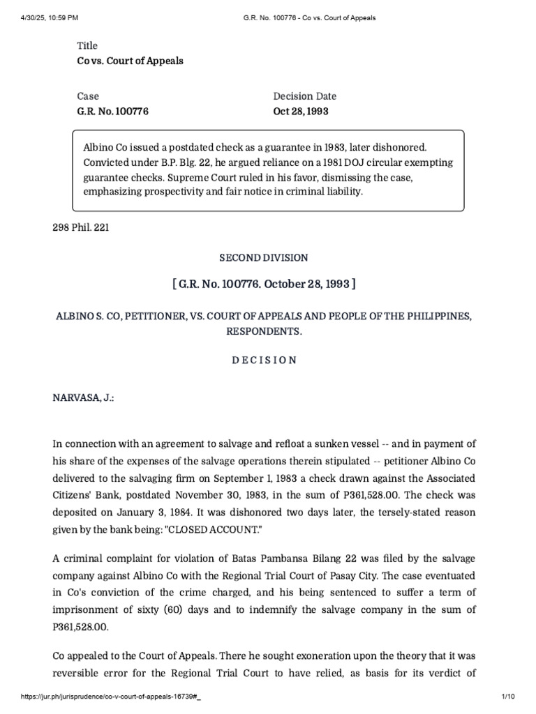 G.R. No. 100776 - Co vs. Court of Appeals | PDF | Ex Post Facto Law ...