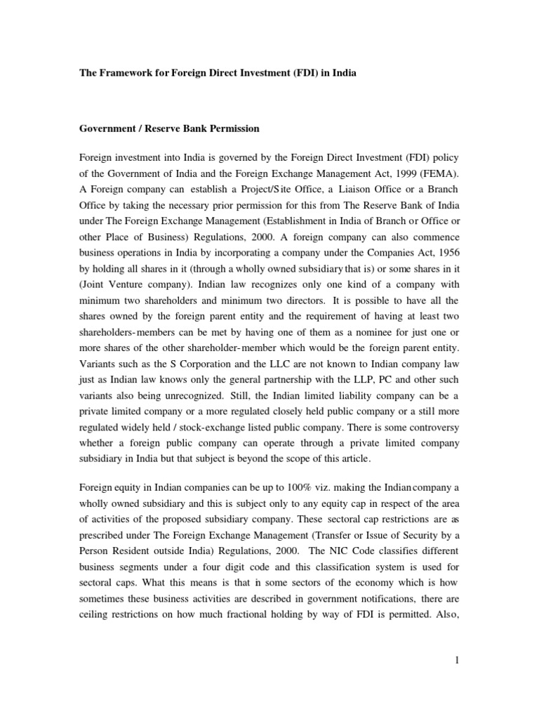 FDI Framework and Company Incorporation in India | PDF
