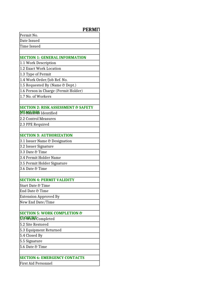 Clean Permit To Work Template | PDF