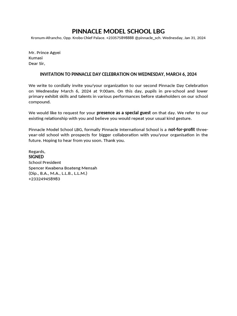Pkay Invitation Pinnacle Model School LBG | PDF