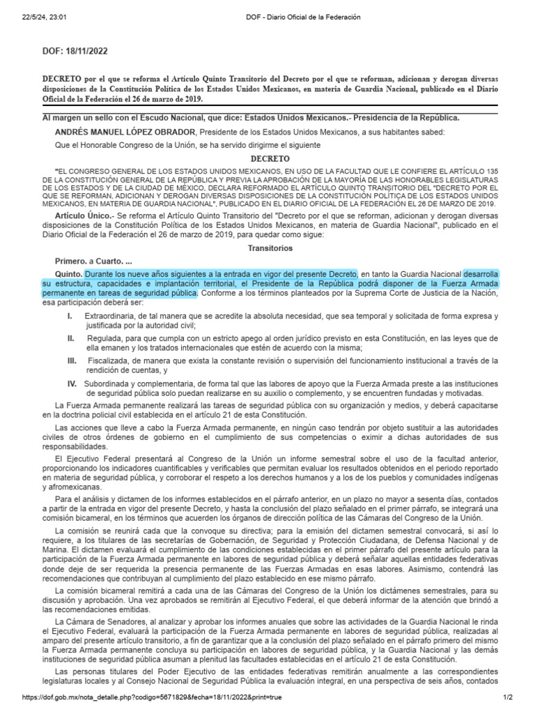 Reforma al Artículo Quinto Transitorio sobre Guardia Nacional | PDF ...