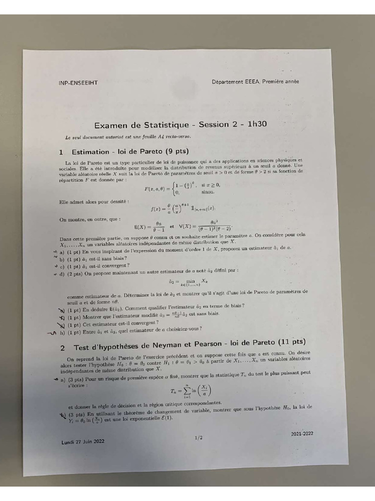 Examen Stat S2 | PDF