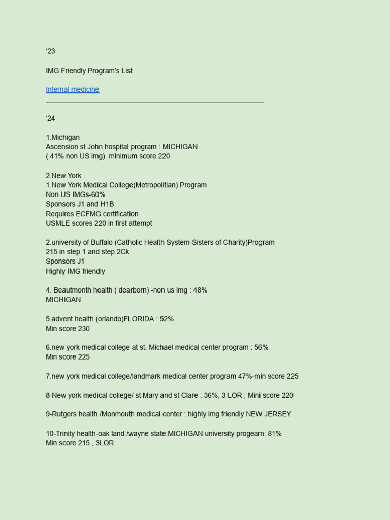 IMG Friendly Internal Medicine Programs 2024 | PDF | Medicine | Medical ...