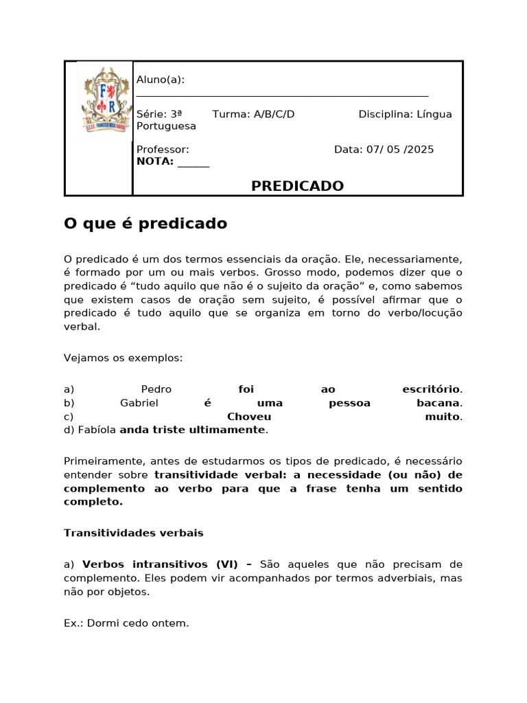 Entendendo o Predicado na Língua Portuguesa | PDF | Predicado ...