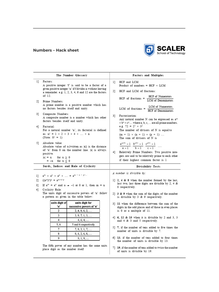 Number Theory Concepts and Formulas | PDF | Mathematics | Mathematical ...