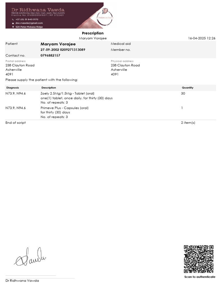 Prescription for Maryam Vorajee | PDF
