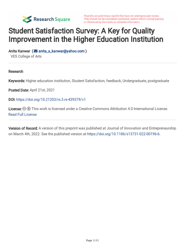 Student Satisfaction in Higher Education | PDF | Coefficient Of ...