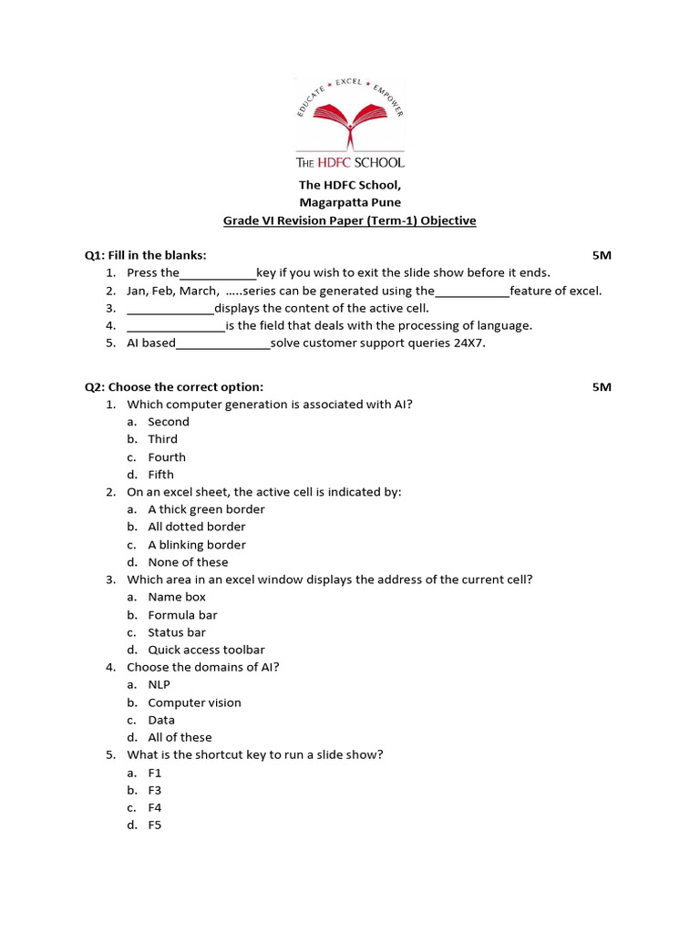 Term-1 Revision Paper Grade 6 Objective | PDF