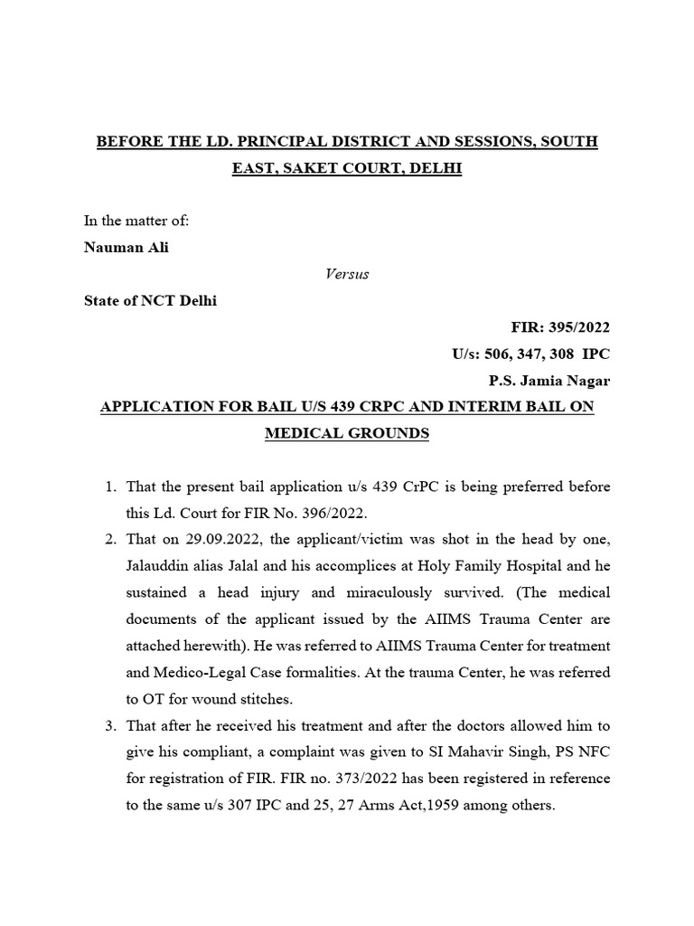 Bail Application 307 CRPC Format | PDF | Bail | Arrest