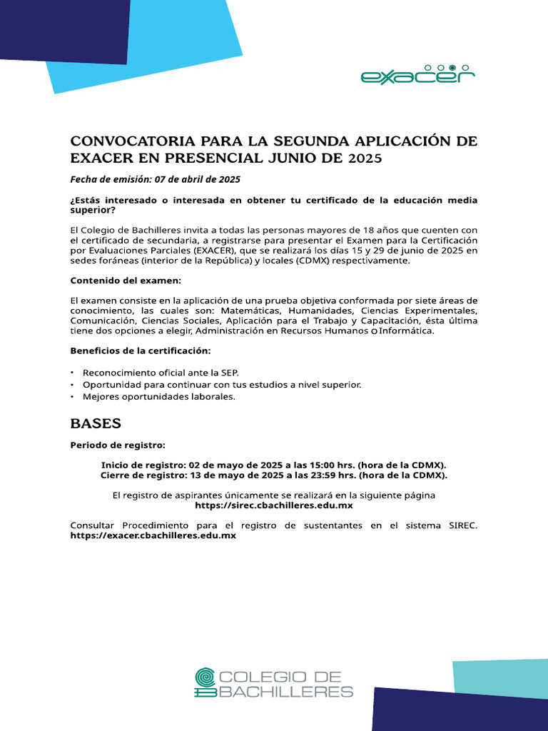 Convocatoria Exacer 2025: Segunda Aplicación | PDF | México