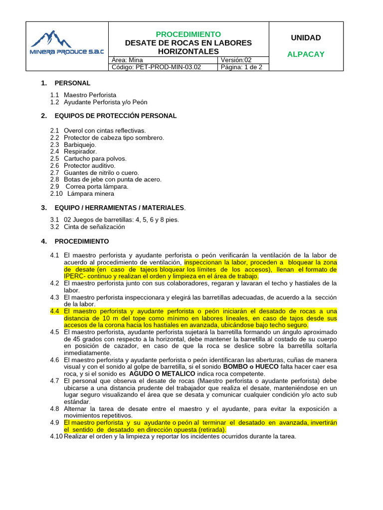 Pet-Prod-Min-03.02 Desate de Rocas en Labores Horizontales | PDF