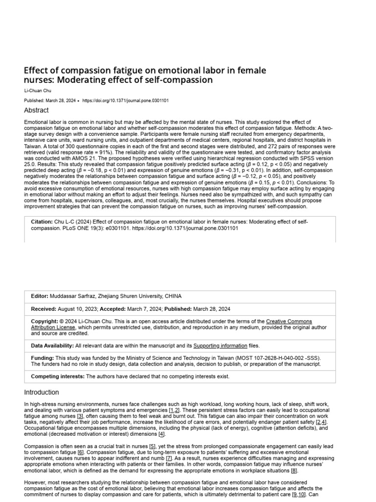 Effect of Compassion Fatigue On Emotional Labor in Female Nurses ...