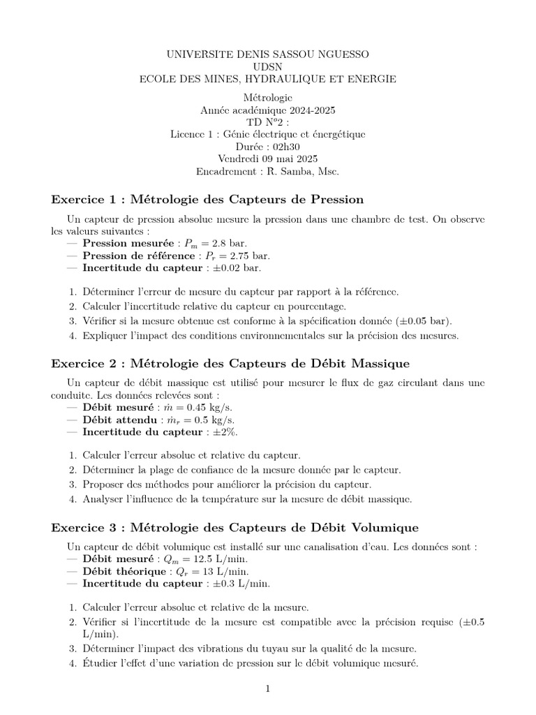 TD Métrologie : Capteurs et Mesures | PDF | Mesure de débit ...