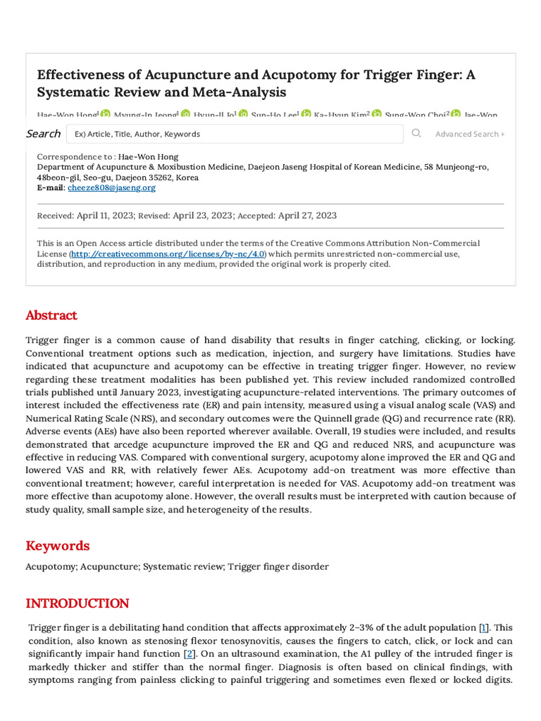 Effectiveness of Acupuncture and Acupotomy For Trigger Finger - A ...