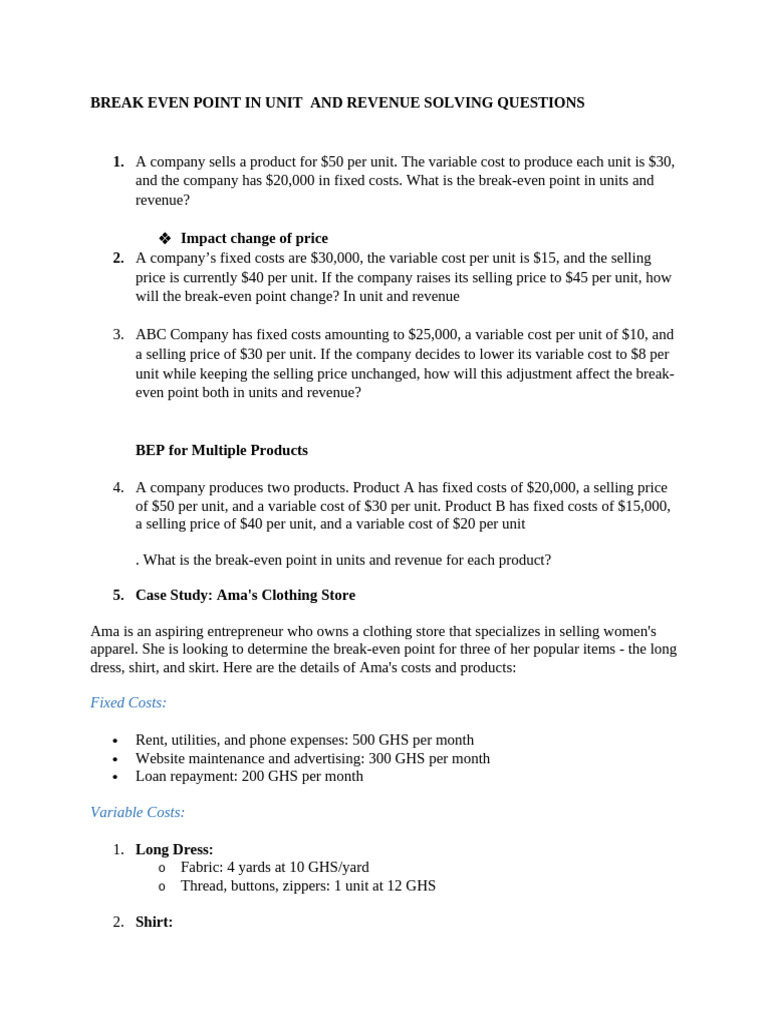 Break-Even Analysis for Various Businesses | PDF | Management ...