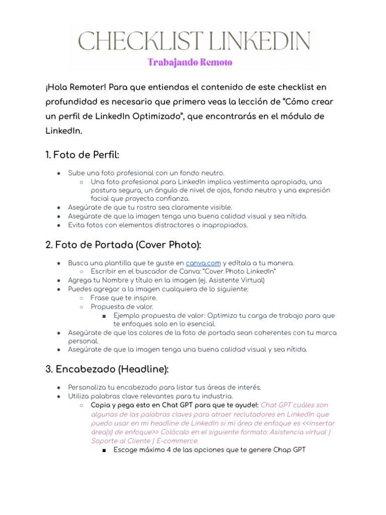 Checklist para Optimizar LinkedIn | PDF | Chat en linea