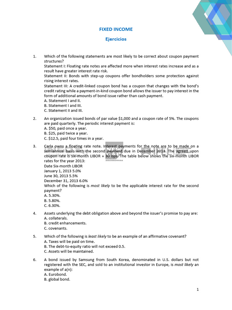 Fixed Income Exercises and Concepts | PDF | Bonds (Finance) | Yield ...