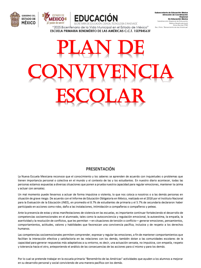 Plan de Convivencia Escolar 2025 | PDF | Las emociones | Educación primaria