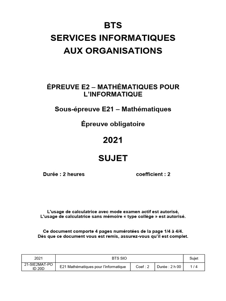 Mathématiques BTS SIO 2021 | PDF | Mémoire (informatique) | Matrice ...