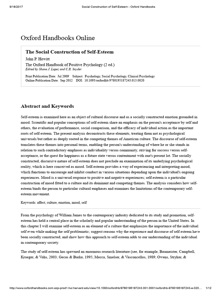 Social Construction of Self Esteem Oxford Handbooks | PDF | Affect ...