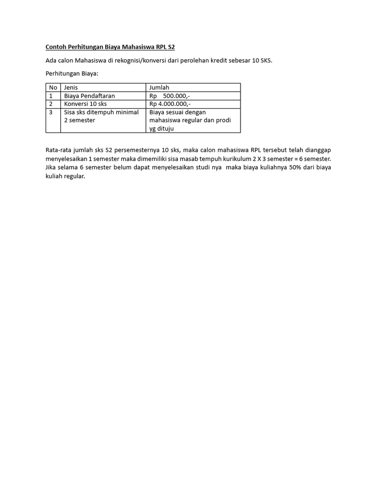 Perhitungan Biaya Kuliah S2 RPL | PDF