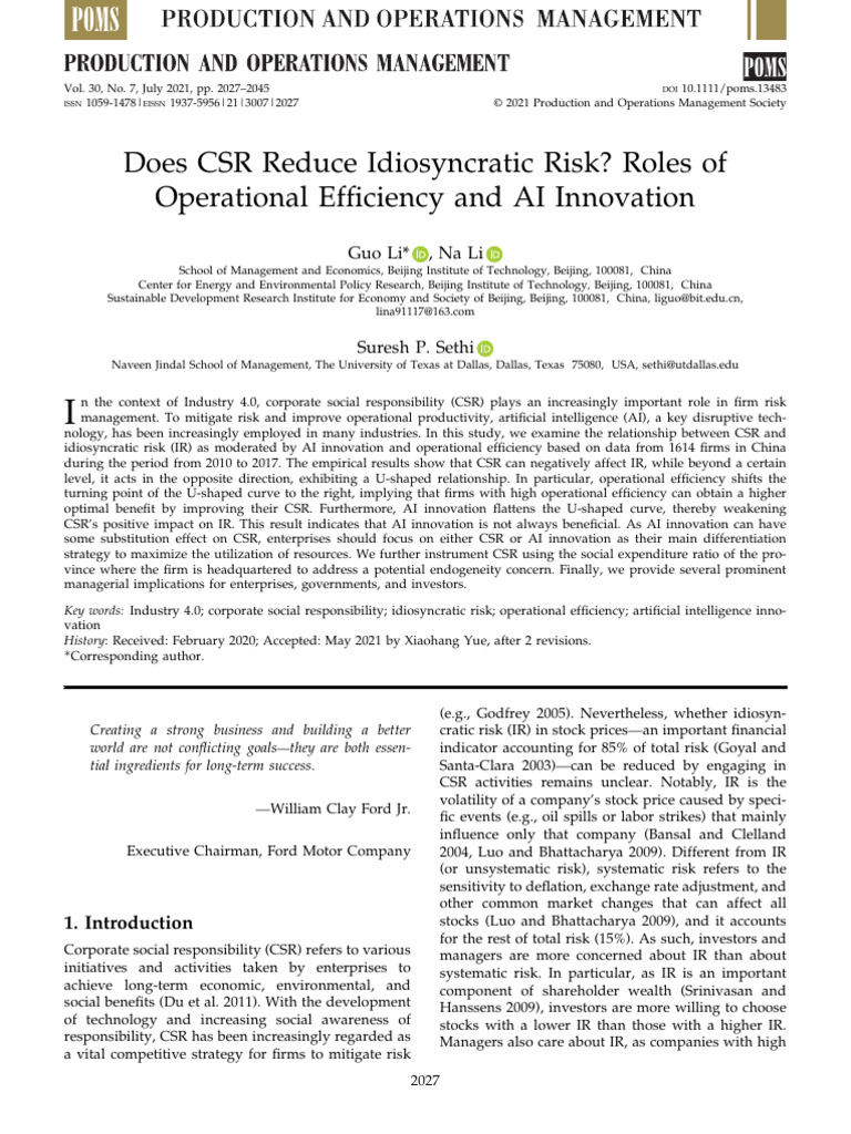 Does CSR Reduce Idiosyncratic Risk Roles of | PDF | Corporate Social ...