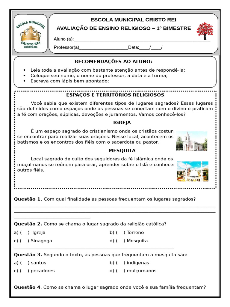 Avaliação de Ensino Religioso - 1º Ano | PDF | Mesquita | Atitude ...