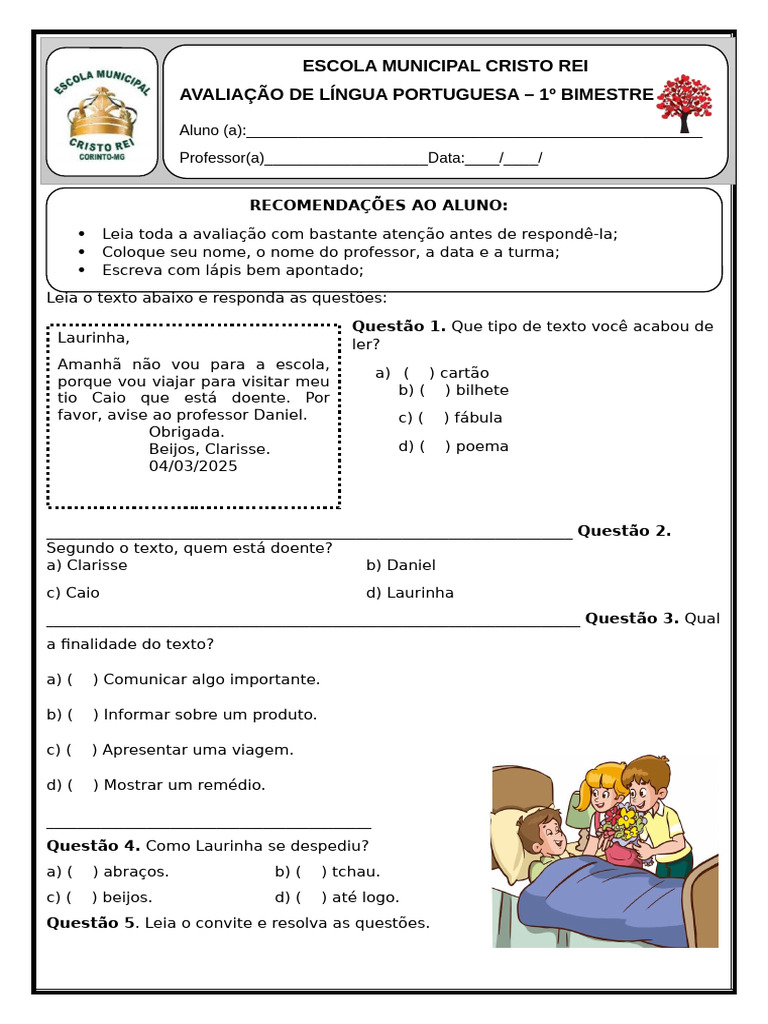 Avaliação Lingua Portuguesa 3 Ano 1 Bim | PDF