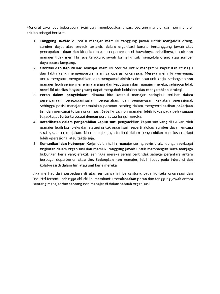 Ciri-Ciri Manajer vs Non-Manajer | PDF