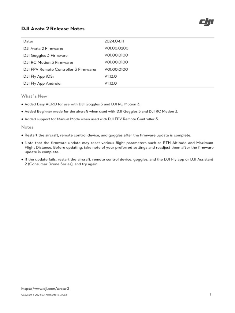 DJI Avata 2 Release Notes EN | PDF