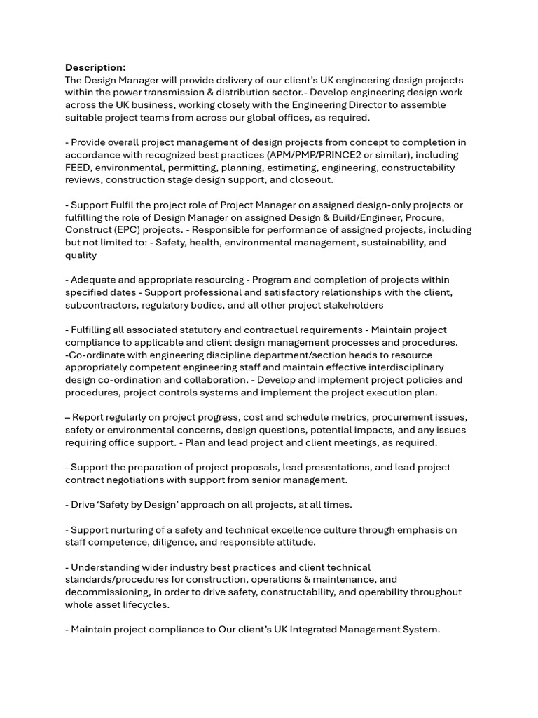 Design Manager Responsibilities Overview | PDF | Safety | Project ...