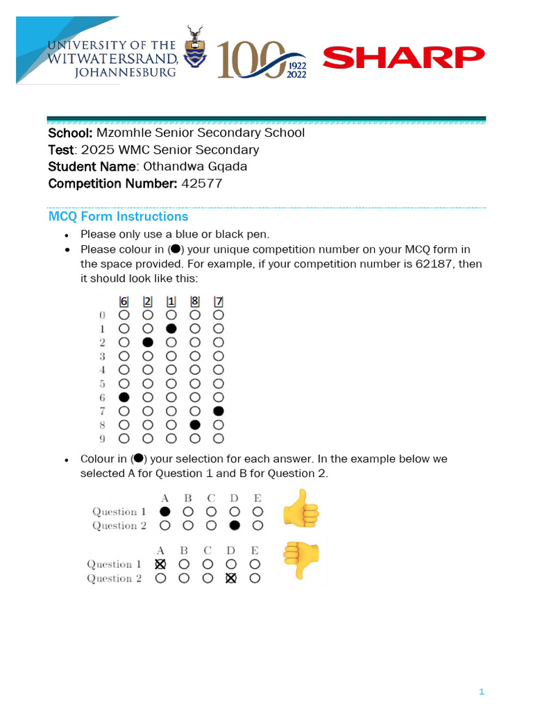 Mzomhle Senior Secondary MCQ Instructions | PDF