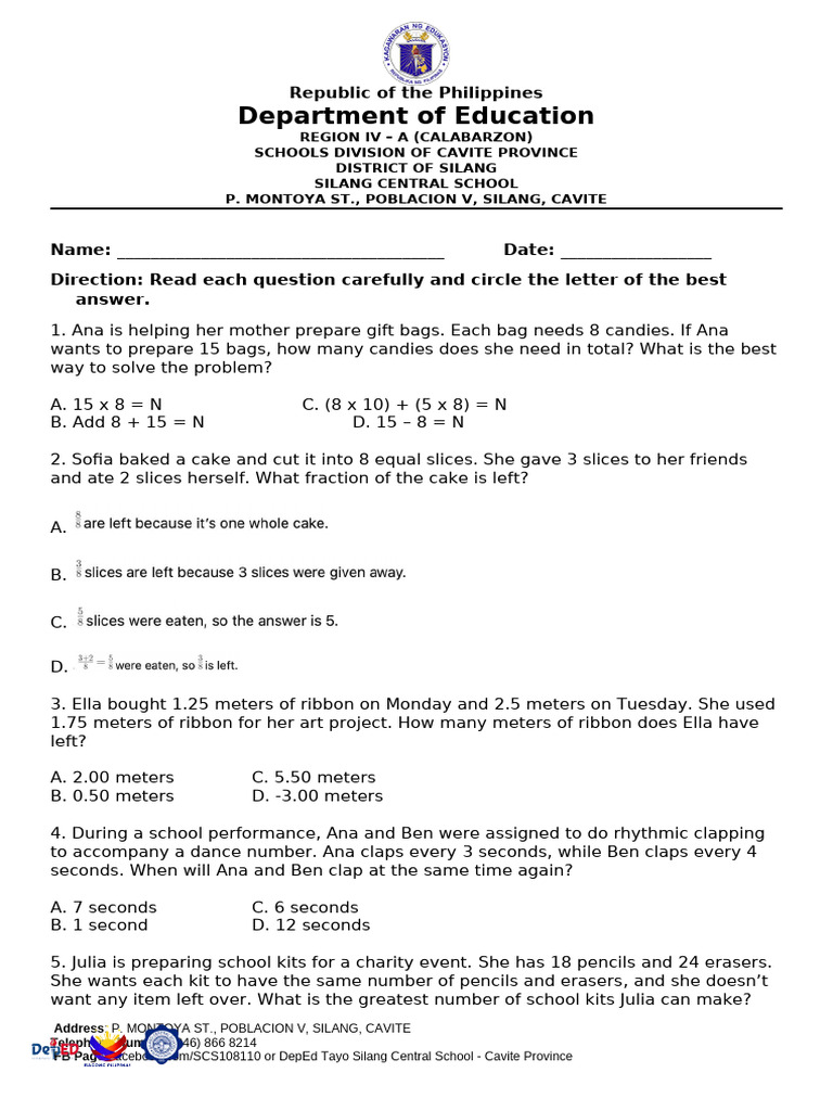 Silang Central School Math Test | PDF | Elementary Geometry | Euclidean ...