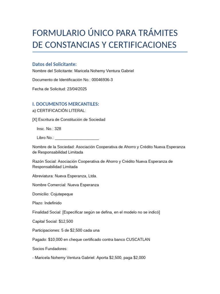 Solicitud de Certificación de Maricela Ventura | PDF