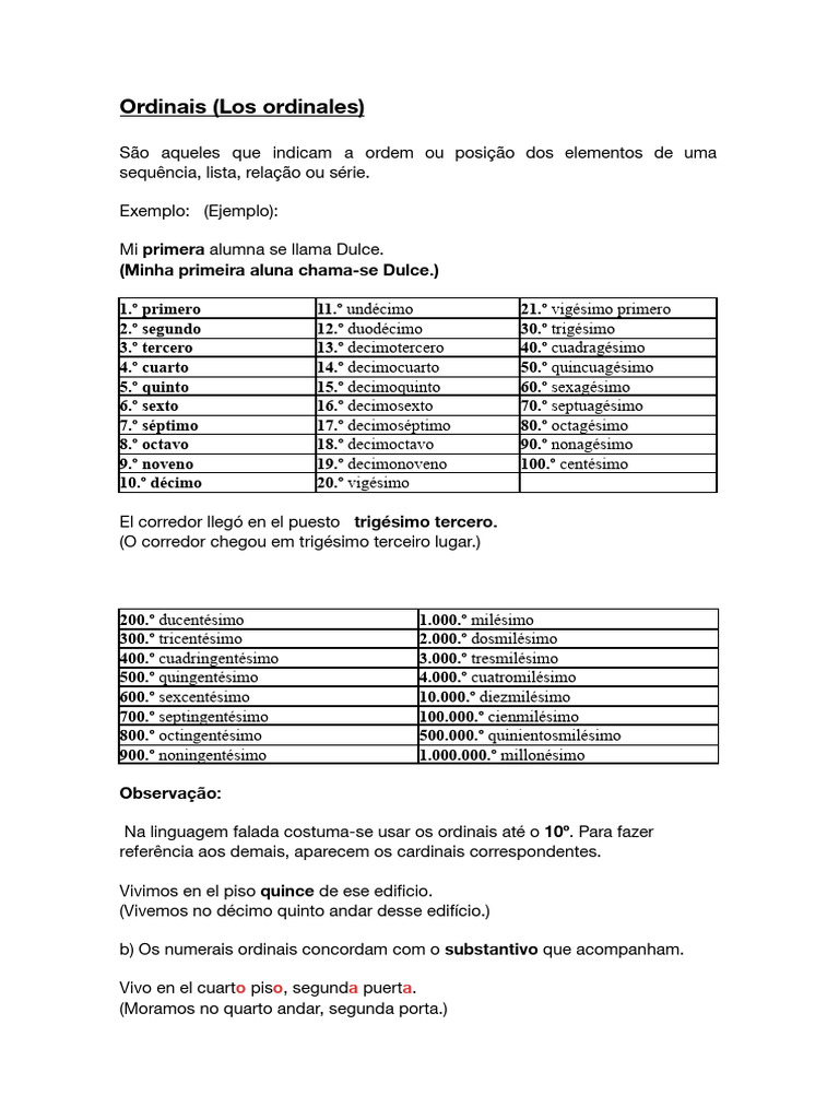Numerais Ordinais em Espanhol | PDF