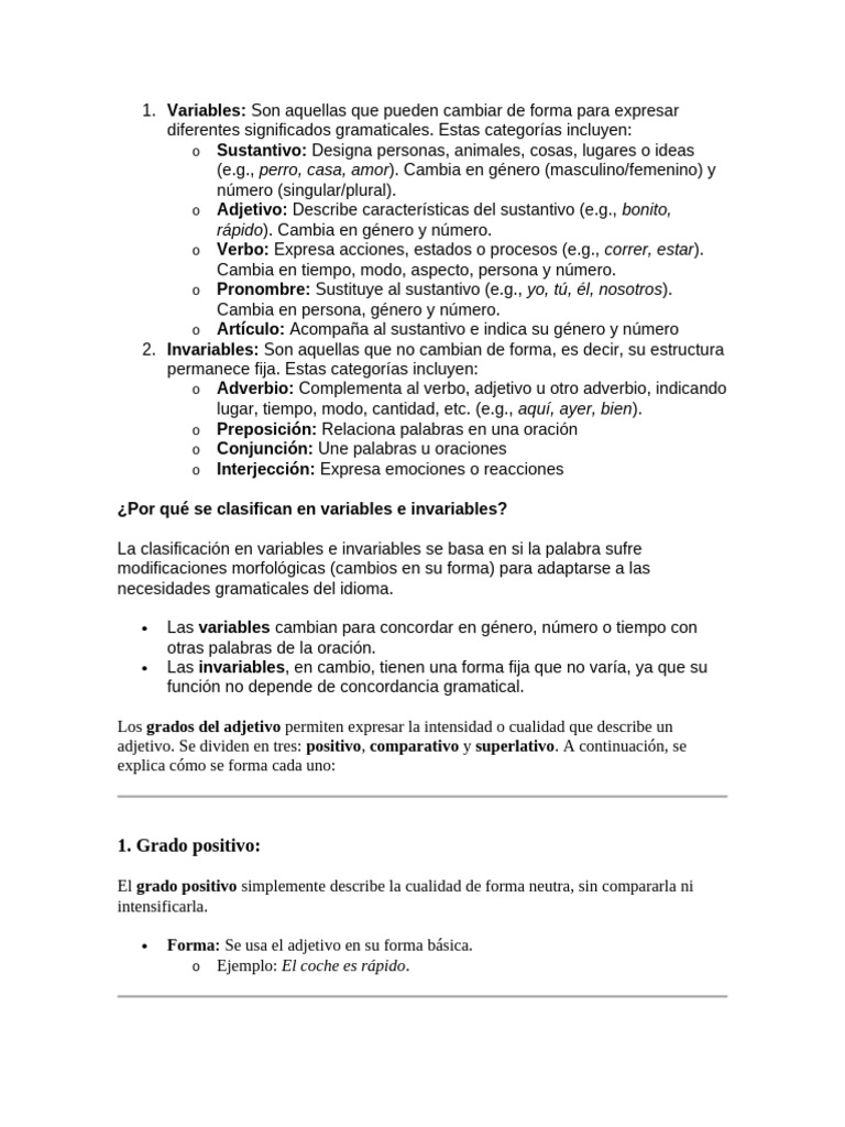 Clasificación de Variables e Invariables en Gramática | PDF | Género ...