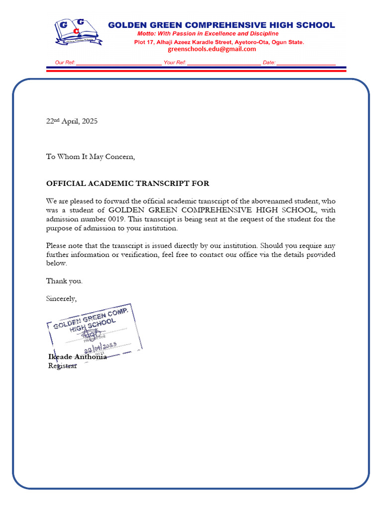 Official Transcript for Ndirimchi Oluchi Esther | PDF