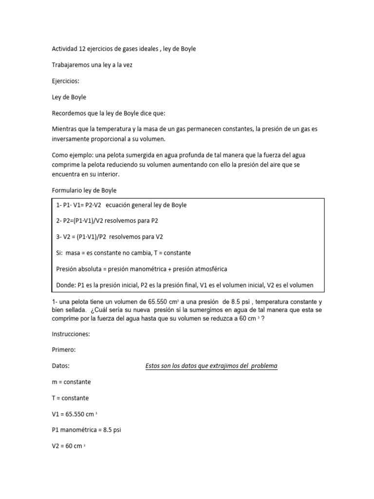 Ejercicios Ley de Boyle: Gases Ideales | PDF | Presión | Gases