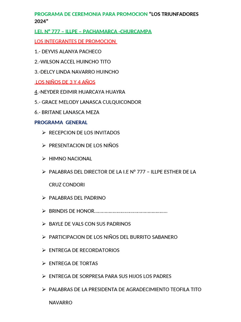 Programa de Ceremonia para Promocion Los Triunfadores 2024 | PDF
