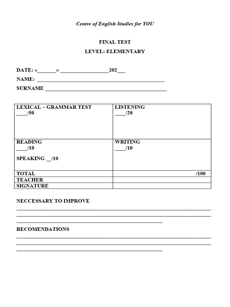 FINAL TEST SOLUTIONS ELEMENTARY 2nd Edition 1 | PDF | Halloween | Wedding