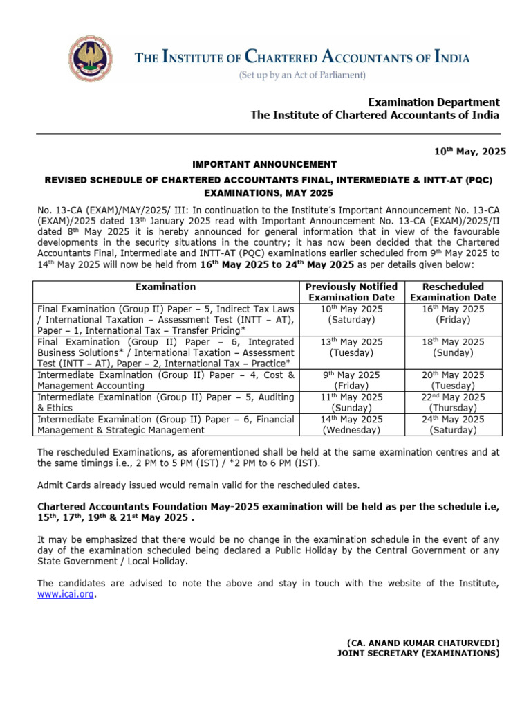 CA Inter May 2025 Revised Datesheet | PDF