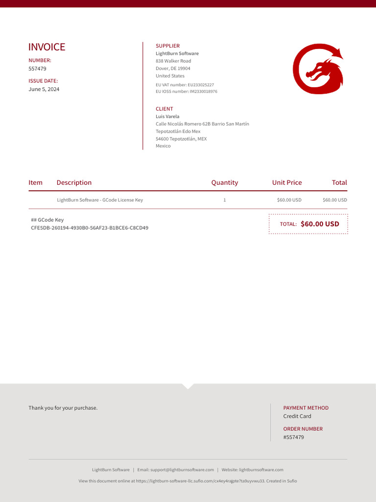 LightBurn Software Invoice #557479 | PDF